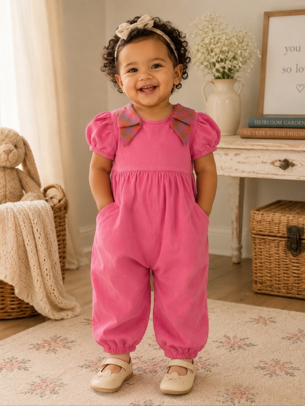 The Beaufort Bonnet Company Pink Corduroy Bow Romper 18/24M NWT